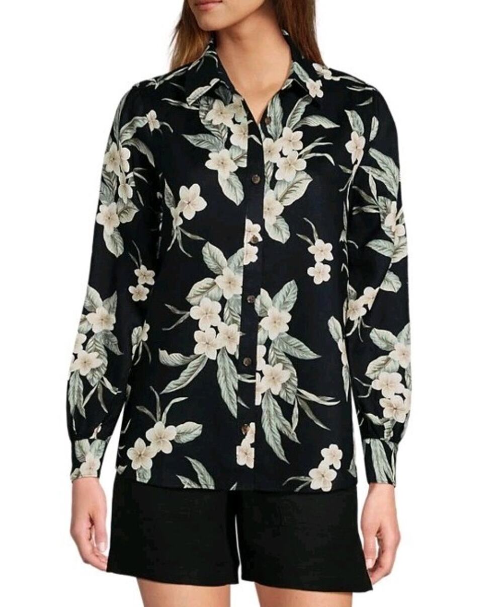 Lands' End Large 14/16 black floral linen long sleeve oversized shirt